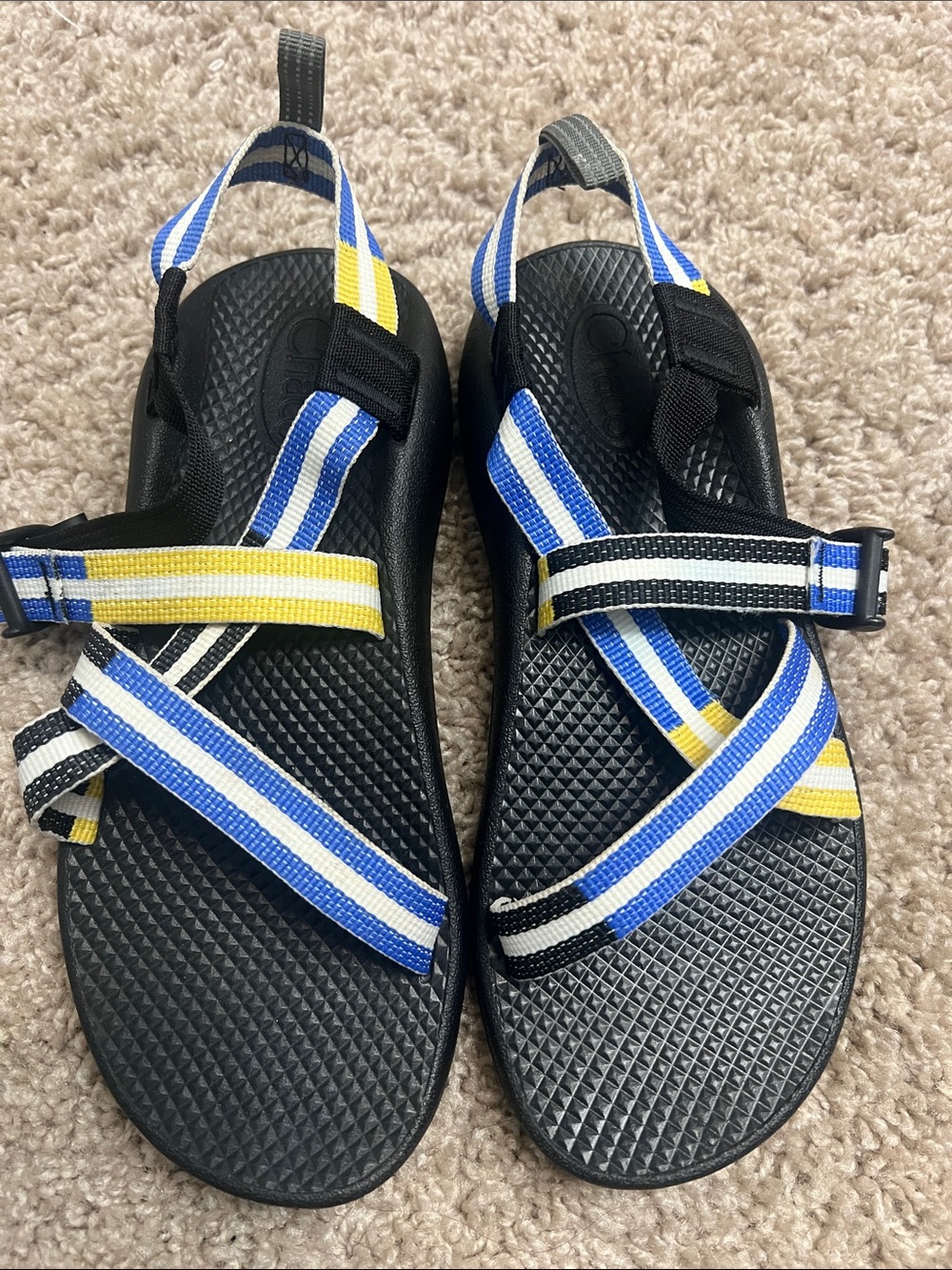 Chaco Black Sandal with Blue, White & Yellow Straps Kids Sz 6